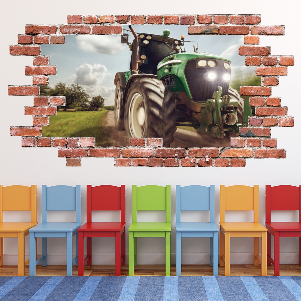 Green Tractor Red Brick 3D Hole In The Wall Sticker | Icon Wall Stickers